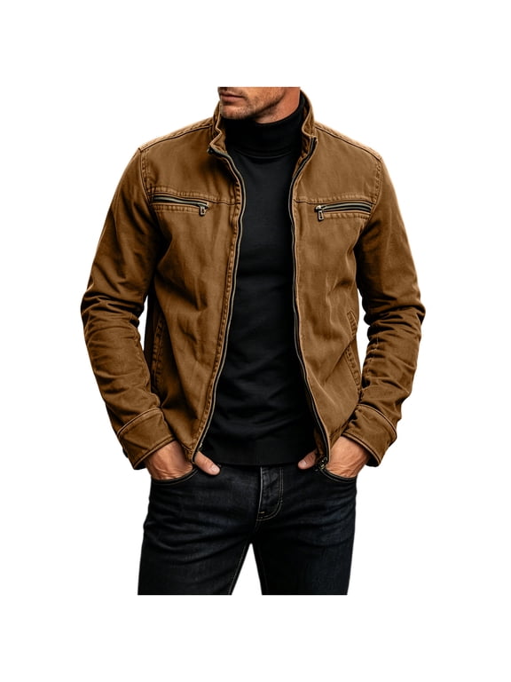 Men's Cotton Jacket Vintage Stand Collar Zipper Cargo Jacket Casual Fashion Solid Long Sleeve Outwear Workwear Jackets Daily Outdoor Street Wear