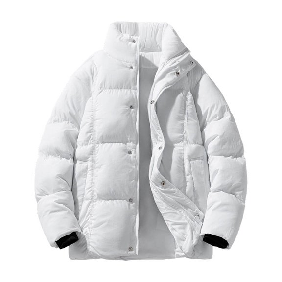 Men's Cotton Jacket Winter Warm Thickened Quilted Stand Collar Zipper Coats Outerwear Casual Jackets Overcoat (XXL, White)