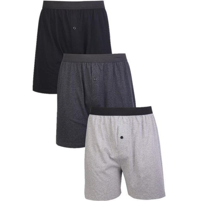 Couver Men’s Knit Cotton Boxer Shorts Underpants with Button Fly, Black, Charcoal, Light Grey Set, L, 6-Pack
