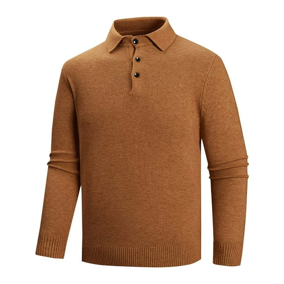 Men's Cotton Knit Polo Sweater Fall Winter Casual Long Sleeve Heavyweight Collared Thermal Pullover Jumper Tops (XL, Brown)