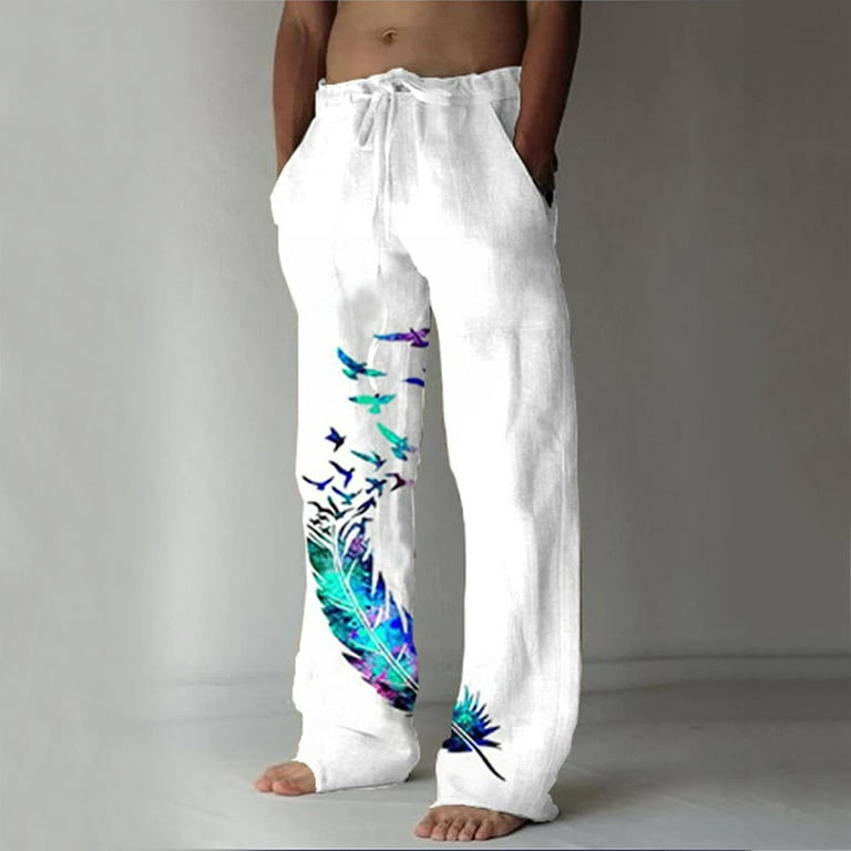 Men's Cotton Linen Beach Pants Elastic Waist Drawstring Loose Fit Lounge  Pants Quick Dry Yoga Beach Pants with Pockets