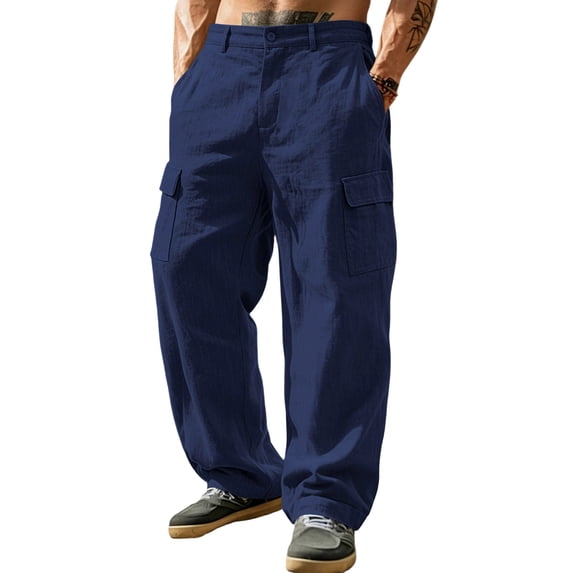 Men's Cotton Linen Beach Pants Relaxed Fit Hiking Pants Button Lightweight Stretch Cargo Work Pants with Multi Pocket