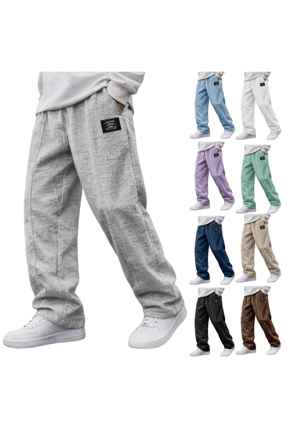 Men's Cotton Linen Blend Pants with Black Label Patch and Drawstring Waist Featuring Loose Straight Leg Cut in Grey Blue White Purple Green Beige Brown for Summer Days Beach Walks Purple XXL