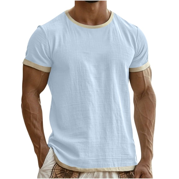 Men's Cotton Linen Blend Ringer T-Shirt Short Sleeve Contrast Trim Casual Textured Shirt Top