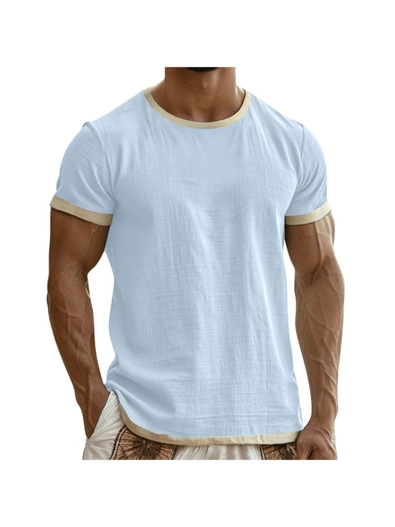 Men's Cotton Linen Blend Ringer T-Shirt Short Sleeve Contrast Trim Casual Textured Shirt Top