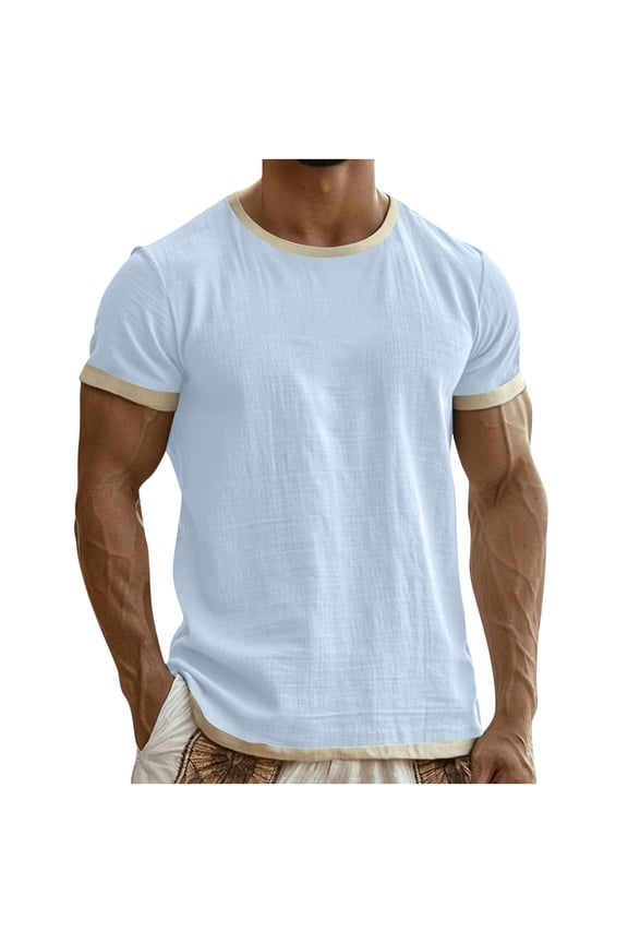 Men's Cotton Linen Blend Ringer T-Shirt Short Sleeve Contrast Trim Casual Textured Shirt Top