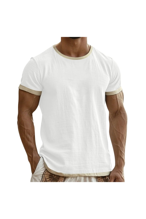 Men's Cotton Linen Blend Ringer T-Shirt Short Sleeve Contrast Trim Casual Textured Shirt Top