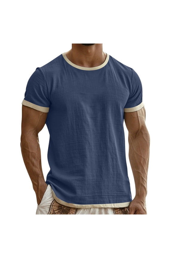 Men's Cotton Linen Blend Ringer T-Shirt Short Sleeve Contrast Trim Casual Textured Shirt Top