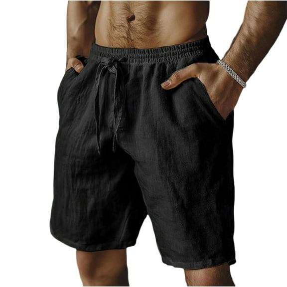 Men's Cotton Linen Blend Shorts, Relaxed-Fit Beach Shorts with Drawstring Waist & Natural Breathable Fabric ,Black L