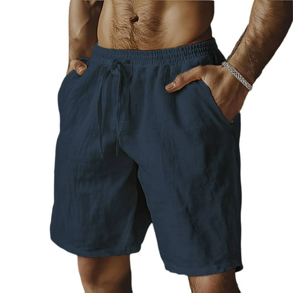 Men's Cotton Linen Blend Shorts, Relaxed-Fit Beach Shorts with Drawstring Waist & Natural Breathable Fabric ,Navy L