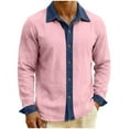 thumbnail image 1 of Men's Cotton Linen Button Down Shirt Denim Patchwork Long Sleeve Casual Collared Wrinkle Free Untucked Shirts with Pocket, 1 of 5