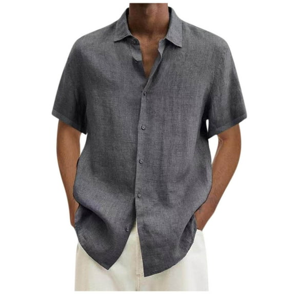 Men's Cotton Linen Button Down Shirt Short Sleeve Beach Shirt Summer Casual Solid Color Loose Fit Blouse
