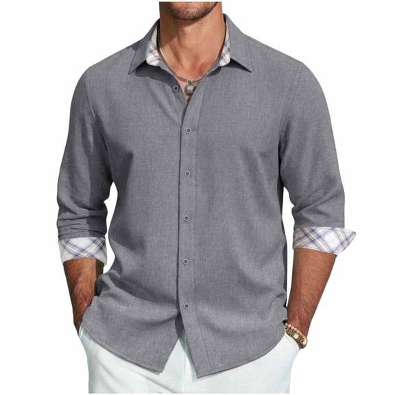 Men's Cotton Linen Button Down Shirts Long Sleeve Plaid Trim Casual Beach Vacation Wedding Tops Late Summer Early Fall