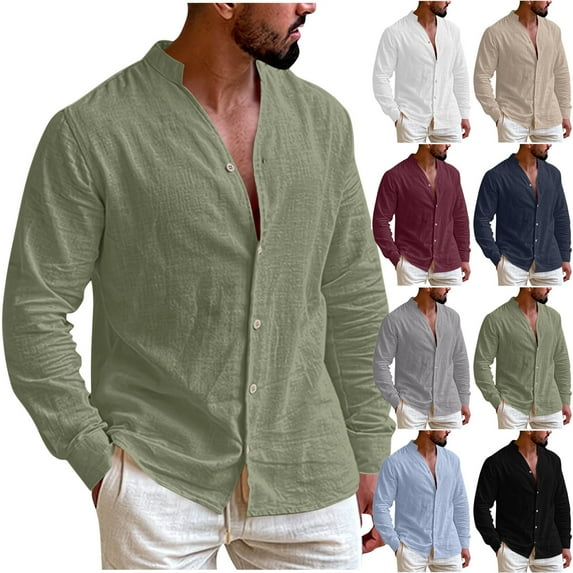 Men's Cotton Linen Button Down Shirts Solid Long Sleeve Shirts Casual V Neck Beach Tops