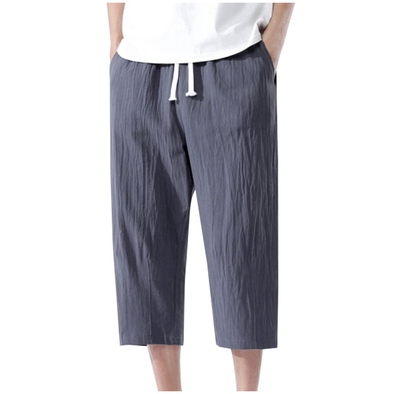 Men's Cotton Linen Capri Pants Baggy Harem Drawstring Yoga Beach Pants with Pockets and Elastic Waist