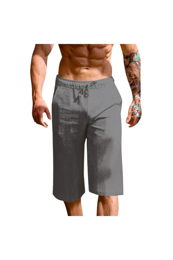 Men's Cotton Linen Capri Pants - Casual Baggy Harem Drawstring Elastic Waisted Straight Leg Yoga Beach Pants with Pockets Dark Gray