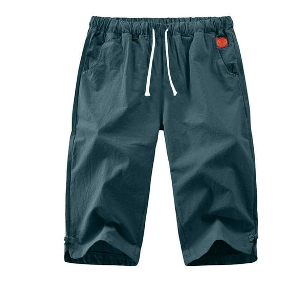 Men's Cotton Linen Capri Pants Casual Harem Drawstring Yoga Beach Pants with Pockets Mens Cargo Pants