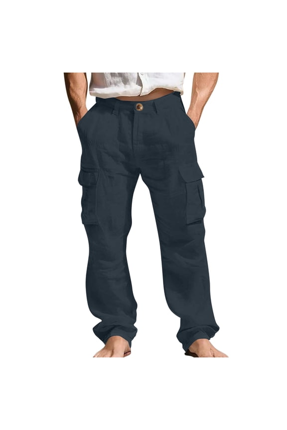 Men's Cotton Linen Cargo Pants Multi-Pocket Wide Leg Casual Trouser Button Down Lightweight Jogger for Beach