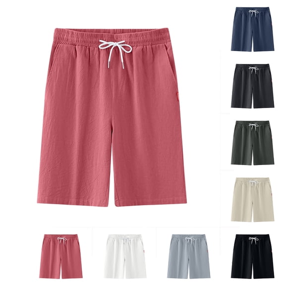 Men's Cotton Linen Casual Classic Fit 11 Inch Inseam Elastic Waist Beach Shorts with Drawstring Big and Tall Size M-5XL White