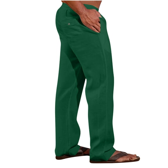Men's Cotton Linen Casual Pants Drawstring Elastic Waist Straight Leg Lounge Trousers with Pockets Beach Long Pants Green,S