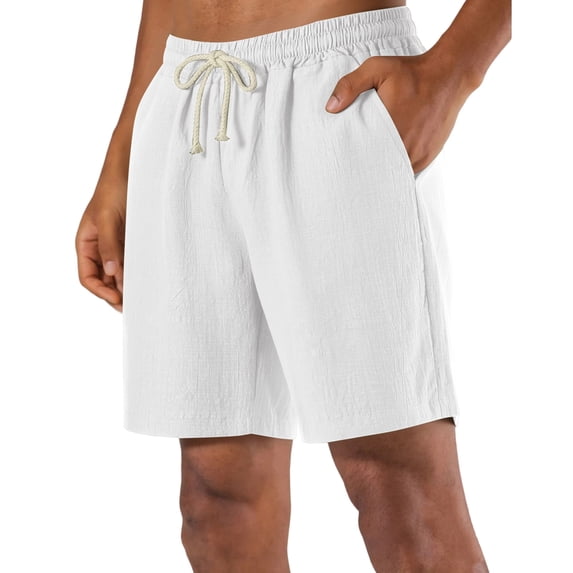 Men's Cotton Linen Casual Shorts Drawstring Elastic Waist Loose Fit Summer Vacation Beach Shorts
