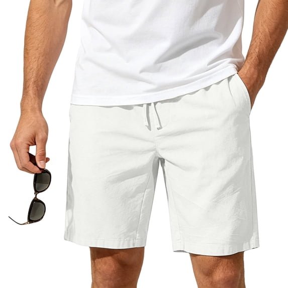 Men's Cotton Linen Casual Shorts Straight Leg 5-Inch Inseam Summer Beach Shorts with Pockets