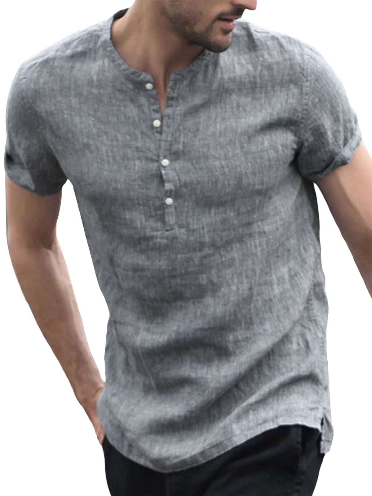 Men's Cotton Linen Casual Stand Collar Short Sleeve Tops Shirt