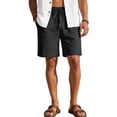 thumbnail image 1 of Men's Cotton Linen Drawstring Elastic Waist Knee Length Shorts Black S, 1 of 10