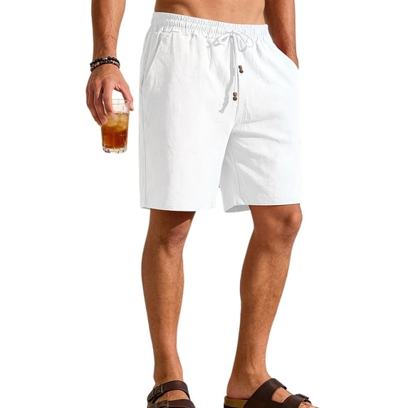 Men's Cotton Linen Drawstring Elastic Waist Knee Length Shorts Bleached White L