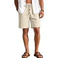 thumbnail image 1 of Men's Cotton Linen Drawstring Elastic Waist Knee Length Shorts Khaki S, 1 of 10