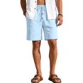 thumbnail image 1 of Men's Cotton Linen Drawstring Elastic Waist Knee Length Shorts Light Blue M, 1 of 10