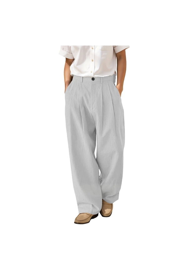 Men's Cotton Linen Dressy Pant Plain Button Down Trendy Jogger Wide Straight Leg Beach Trouser 2026 Lightweight Pants Gray S