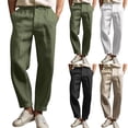 thumbnail image 1 of Men's Cotton Linen Elastic Waist Solid Color Casual Pants, Breathable Comfortable Trousers for Daily Relaxation and Wear,Khaki,S, 1 of 6