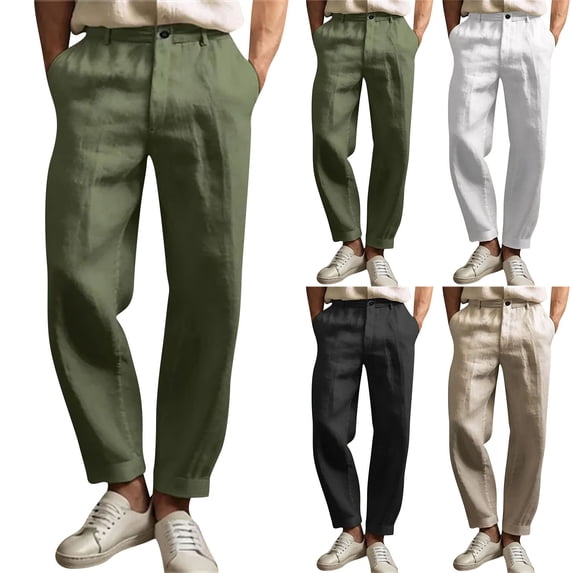 Men's Cotton Linen Elastic Waist Solid Color Casual Pants, Breathable Comfortable Trousers for Daily Relaxation and Wear,White,M
