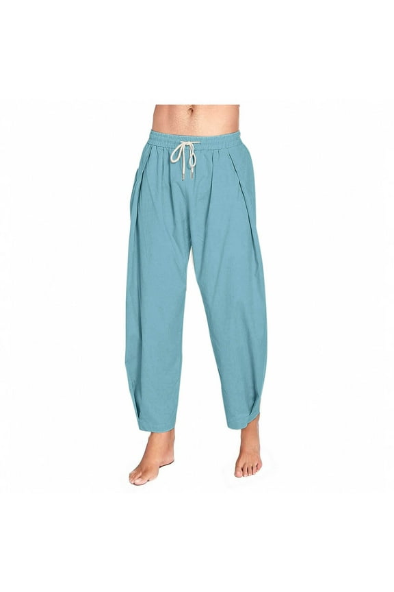 Men's Cotton Linen Harem Pants Boho Casual Beach Travel Vacation Outfits Elastic Waist Drawstring Pants