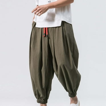 Men's Cotton Linen Harem Pants Broadleg Radish Pant Bound Feet Ninth Pants Drawstring Elastic Waist Casual Trousers Lightweight Loose Beach Yoga Pants with Pockets for Men 2024