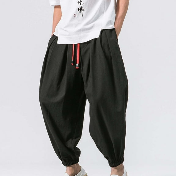 Men's Cotton Linen Harem Pants Broadleg Radish Pant Bound Feet Ninth Pants Drawstring Elastic Waist Casual Trousers Lightweight Loose Beach Yoga Pants with Pockets for Men 2024