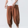 thumbnail image 1 of Men's Cotton Linen Harem Pants Broadleg Radish Pant Bound Feet Ninth Pants Drawstring Elastic Waist Casual Trousers Lightweight Loose Beach Yoga Pants with Pockets for Men 2024, 1 of 4