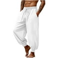 thumbnail image 1 of Men's Cotton Linen Harem Pants Casual Drawstring Loose Hippie Pants Loose Beach & Yoga Cropped Trousers with Pocket,M,White, 1 of 8