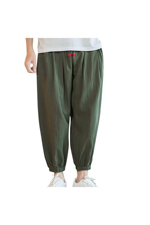 Men's Cotton Linen Harem Pants Drawstring Casual Cropped Trousers Lightweight Loose Beach Yoga Pants with Pockets Size M-5XL Army Green