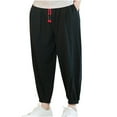 thumbnail image 1 of Men's Cotton Linen Harem Pants Drawstring Casual Cropped Trousers Lightweight Loose Beach Yoga Pants with Pockets Size M-5XL Black, 1 of 5
