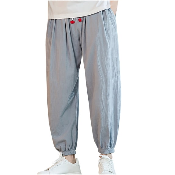 Men's Cotton Linen Harem Pants Drawstring Casual Cropped Trousers Lightweight Loose Beach Yoga Pants with Pockets Size M-5XL Gray
