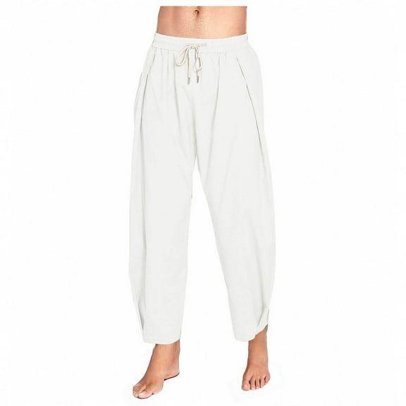 Men's Cotton Linen Harem Pants Drawstring Casual Cropped Trousers Lightweight Loose Beach Yoga Pants with Pockets