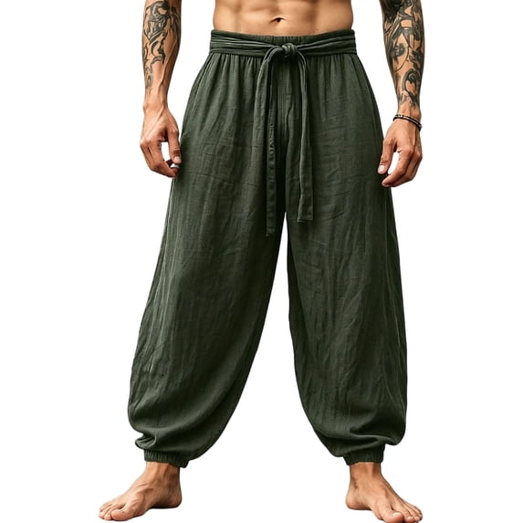 Men's Cotton Linen Harem Pants Lace-up Casual Baggy Boho Trousers Lightweight Loose Hippie Beach Yoga Pants Army Green-A