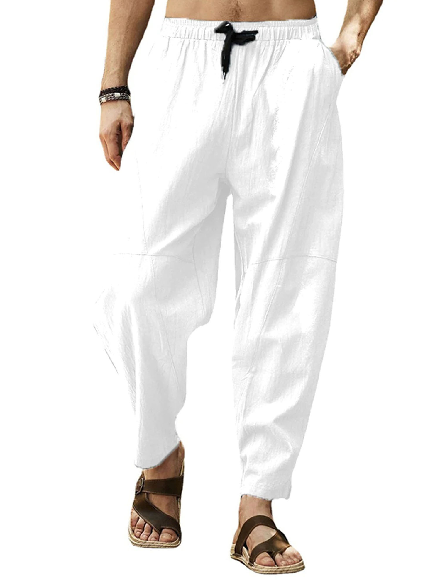 Men's Cotton Linen Harem Pants Long Drawstring Trousers Lightweight ...