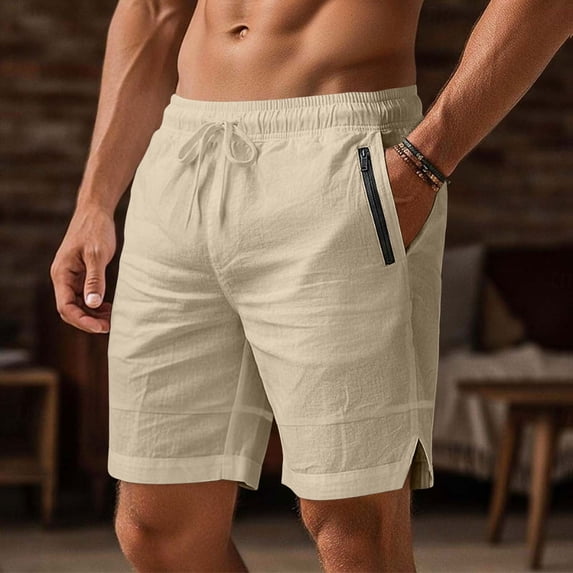 Men's Cotton Linen Hawaiian Beach Shorts Loose Fits Elastic Waist Drawstring Short Mens Summer Csual Solid Plus Size Relaxed Lightweight Breathable Seaside Vacation Shorts