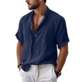 thumbnail image 1 of Men's Cotton Linen Henley Shirt 2026 Short Sleeve Button Down Shirts Solid Casual Summer Beach T-Shirts Navy M, 1 of 7