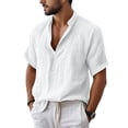 thumbnail image 1 of Men's Cotton Linen Henley Shirt 2026 Short Sleeve Button Down Shirts Solid Casual Summer Beach T-Shirts White 4XL, 1 of 7