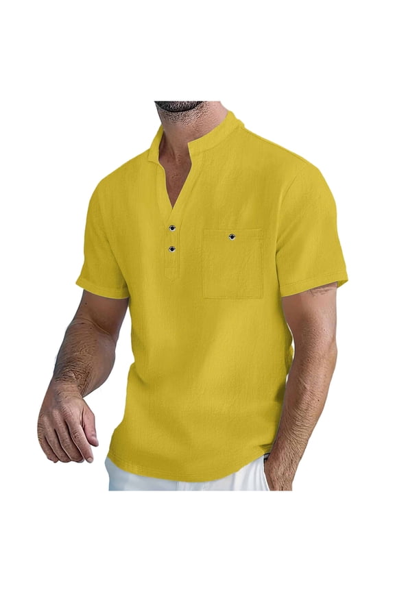 Men's Cotton Linen Henley Shirt Lightweight Short Sleeve Hippie Casual Beach Hawaiian T-Shirts with Pocket