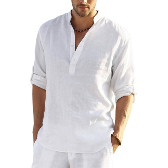Men's Cotton Linen Henley Shirt Long Sleeve Hippie Casual Beach T Shirts